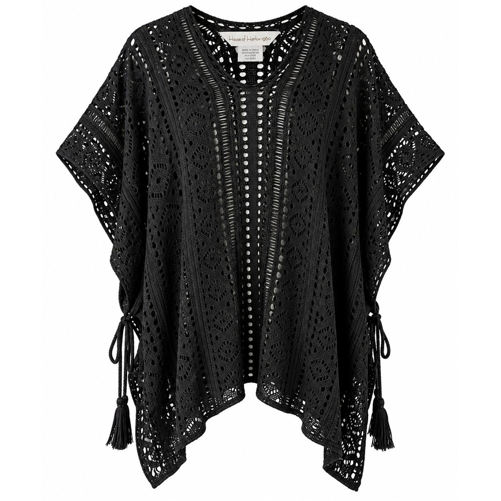 House of Harlow 1960 Black Crochet Poncho Top Boho Cover Up Side Tie One Size